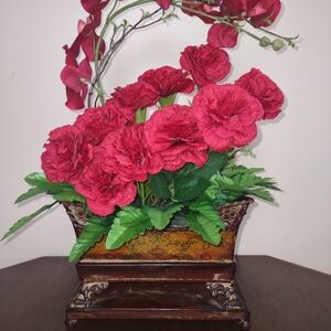 Elegant Red Faux Floral Arrangement in Decorative Planter
